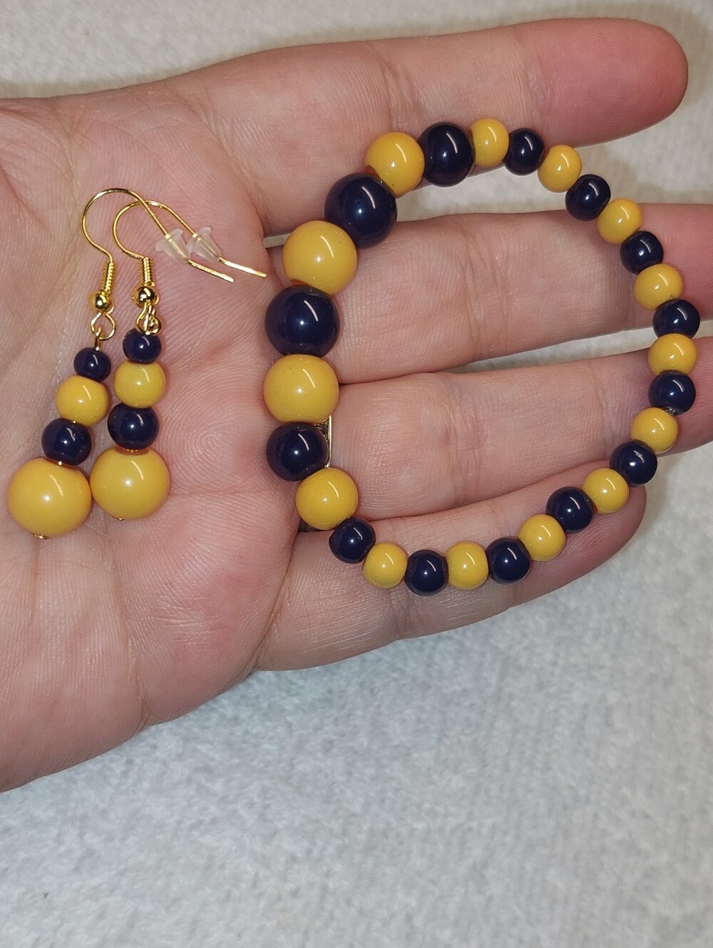 Yellow and Navy Beaded Bracelet & Earring Set #WVU
